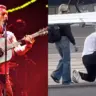 Chris Martin tocando violão e beijando pista de aeroporto