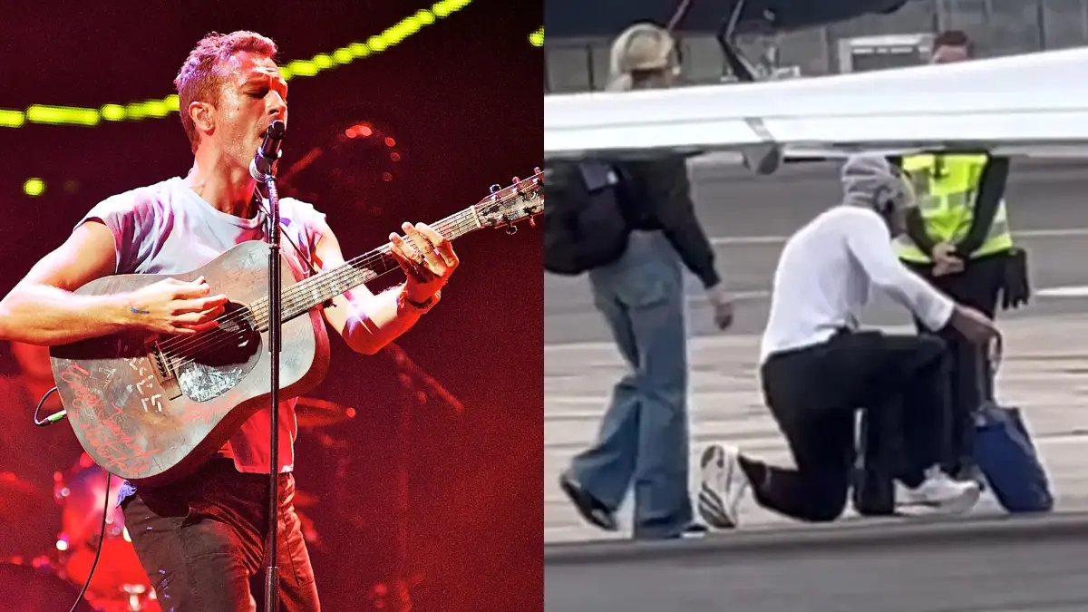 Chris Martin tocando violão e beijando pista de aeroporto