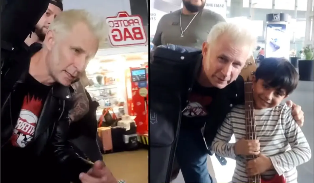 Mike Dirnt presenteia fã mirim do Green Day com seu próprio baixo em aeroporto do México; assista