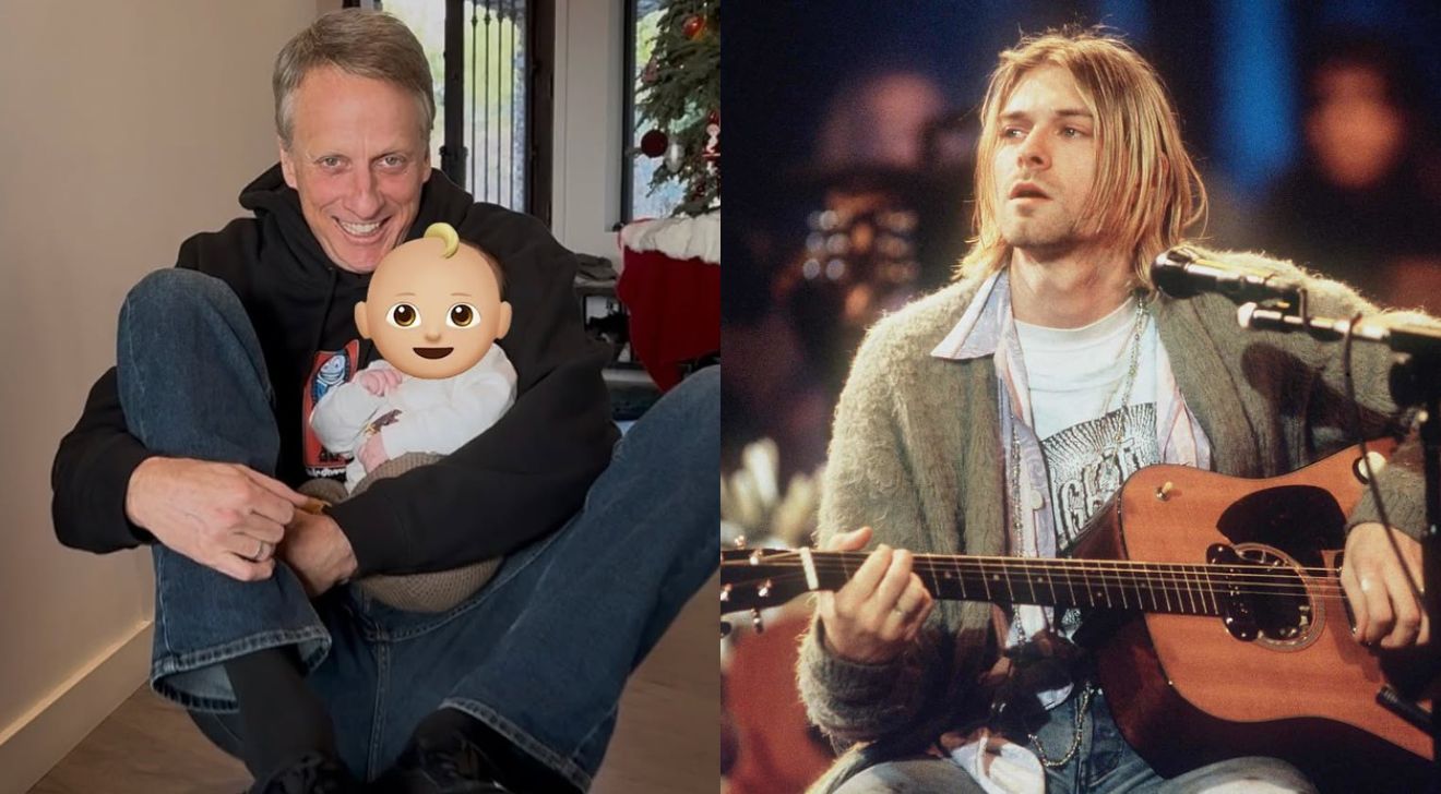 Tony Hawk com neto e Kurt Cobain, do Nirvana