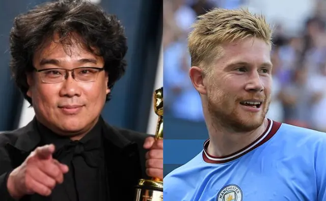 montagem do jogador kevin de bruyne e do diretor bong joon ho