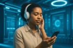 Mulher ouvindo música em smartphone, imagem gerada com inteligência artificial (Deezer)