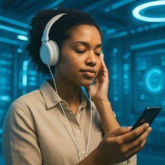 Mulher ouvindo música em smartphone, imagem gerada com inteligência artificial (Deezer)