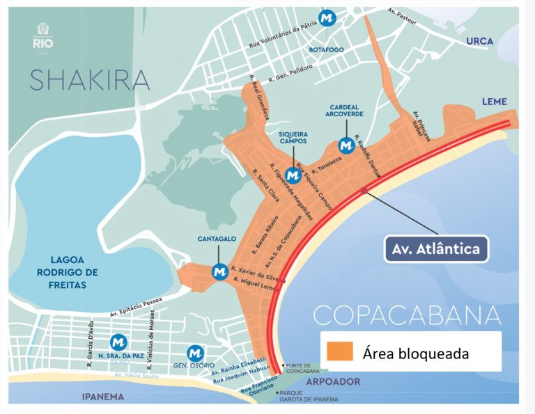 Mapa de bloqueios para show da Shakira no Rio