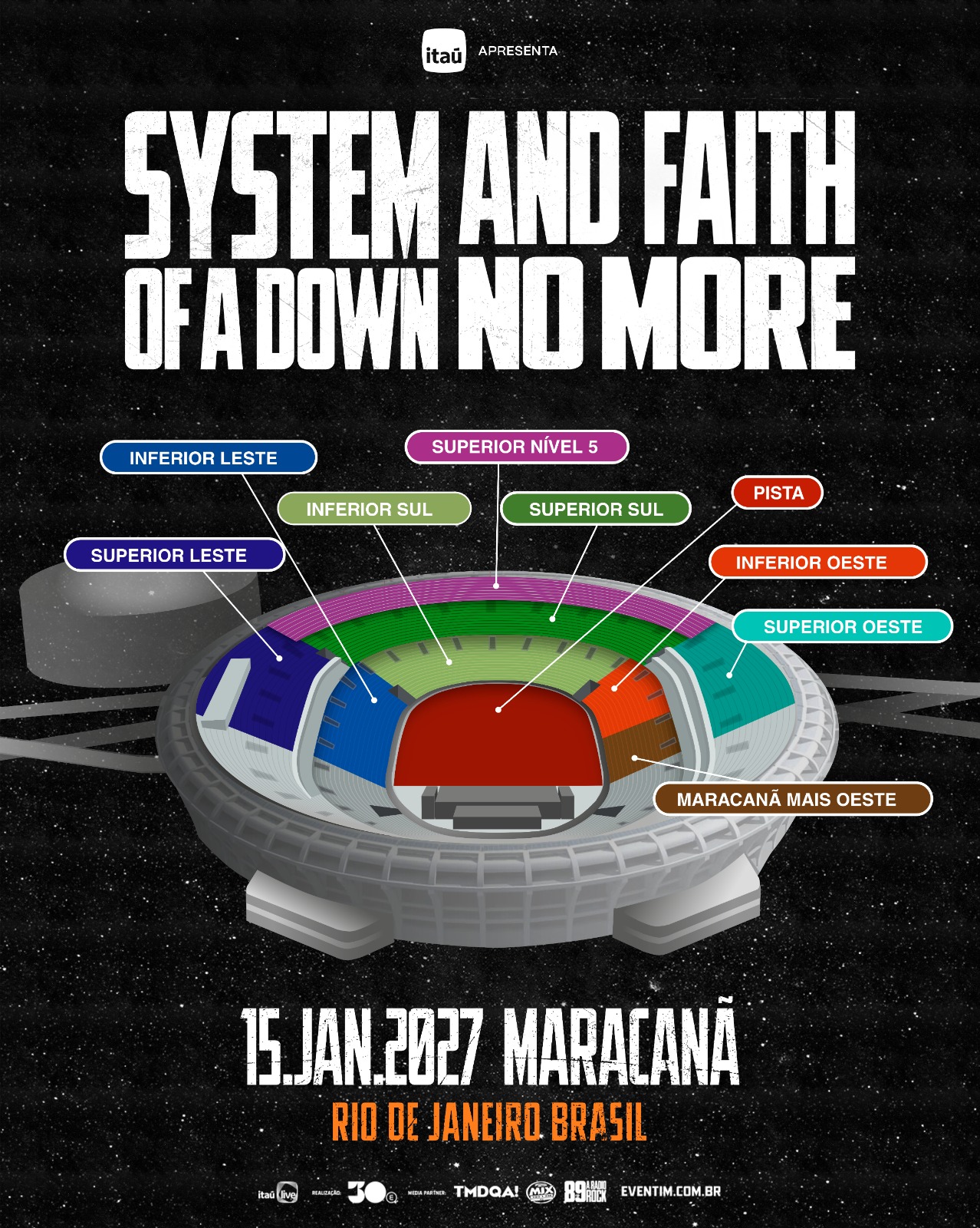 Mapa de setores do show do System Of A Down com Faith No More no Maracanã